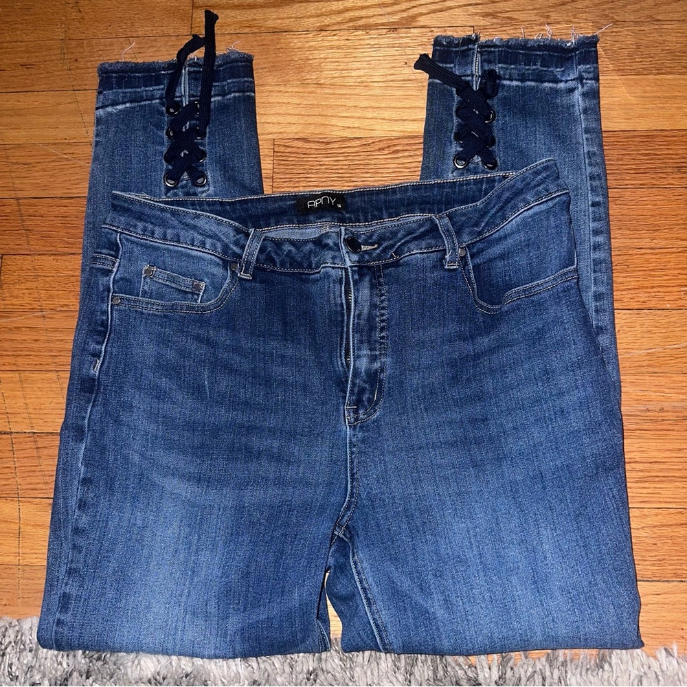 APNY Blue Ankle Cropped Jeans with Distressed Hem and lace up bottom detail